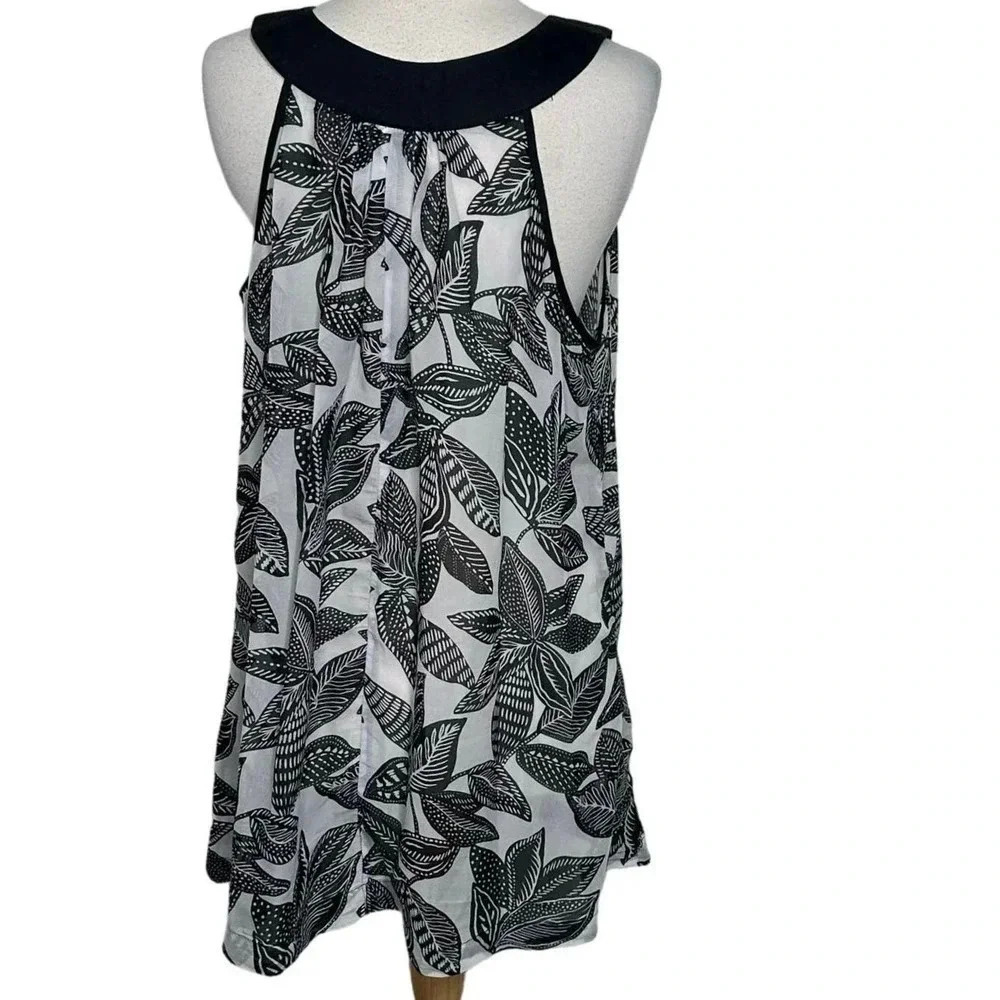 Dotti Tunic Coverup M Black White Floral Sleeveless Lightweight V-Neck